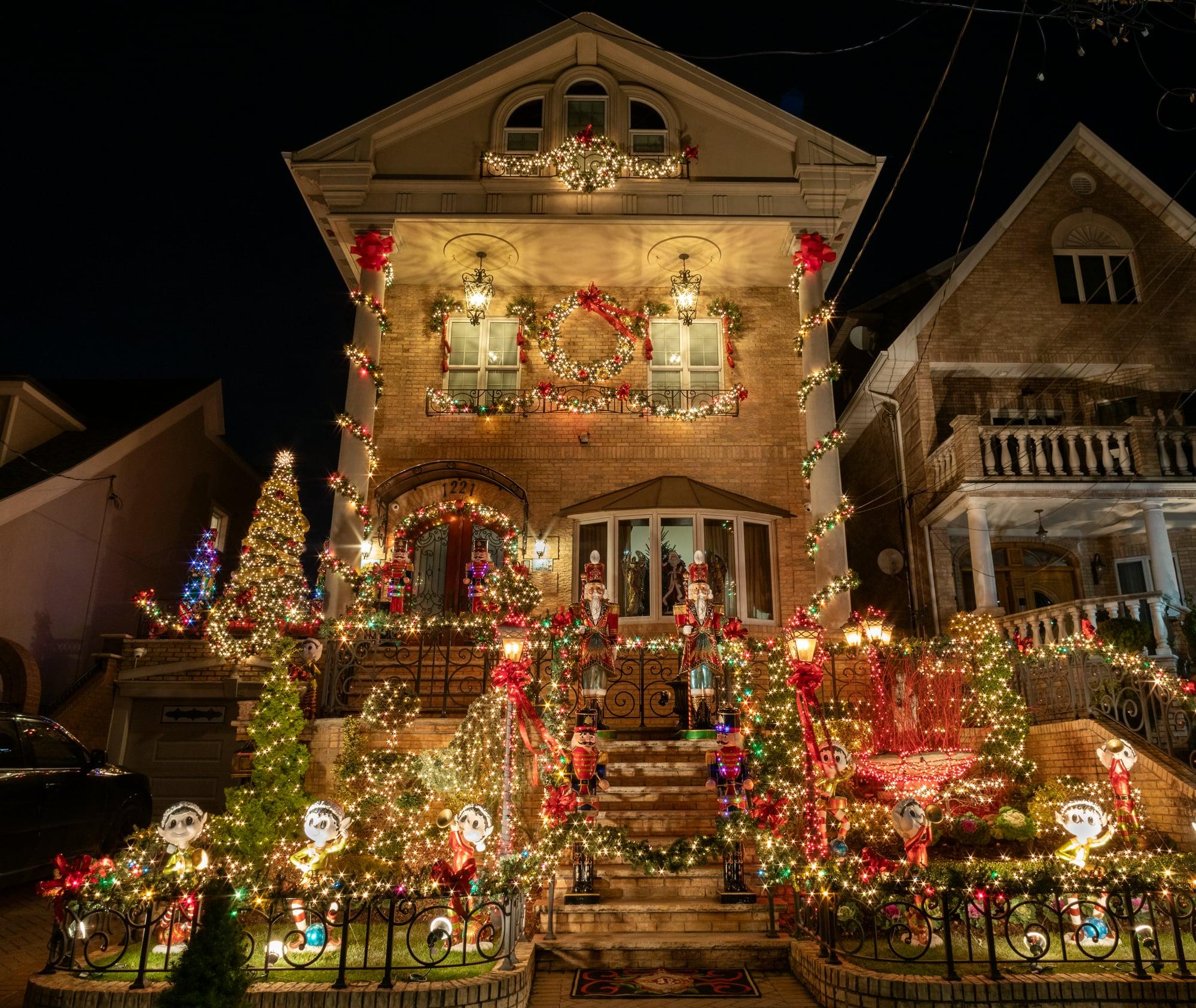 Elaborate Christmas lights and holiday decorations on a Brooklyn home
