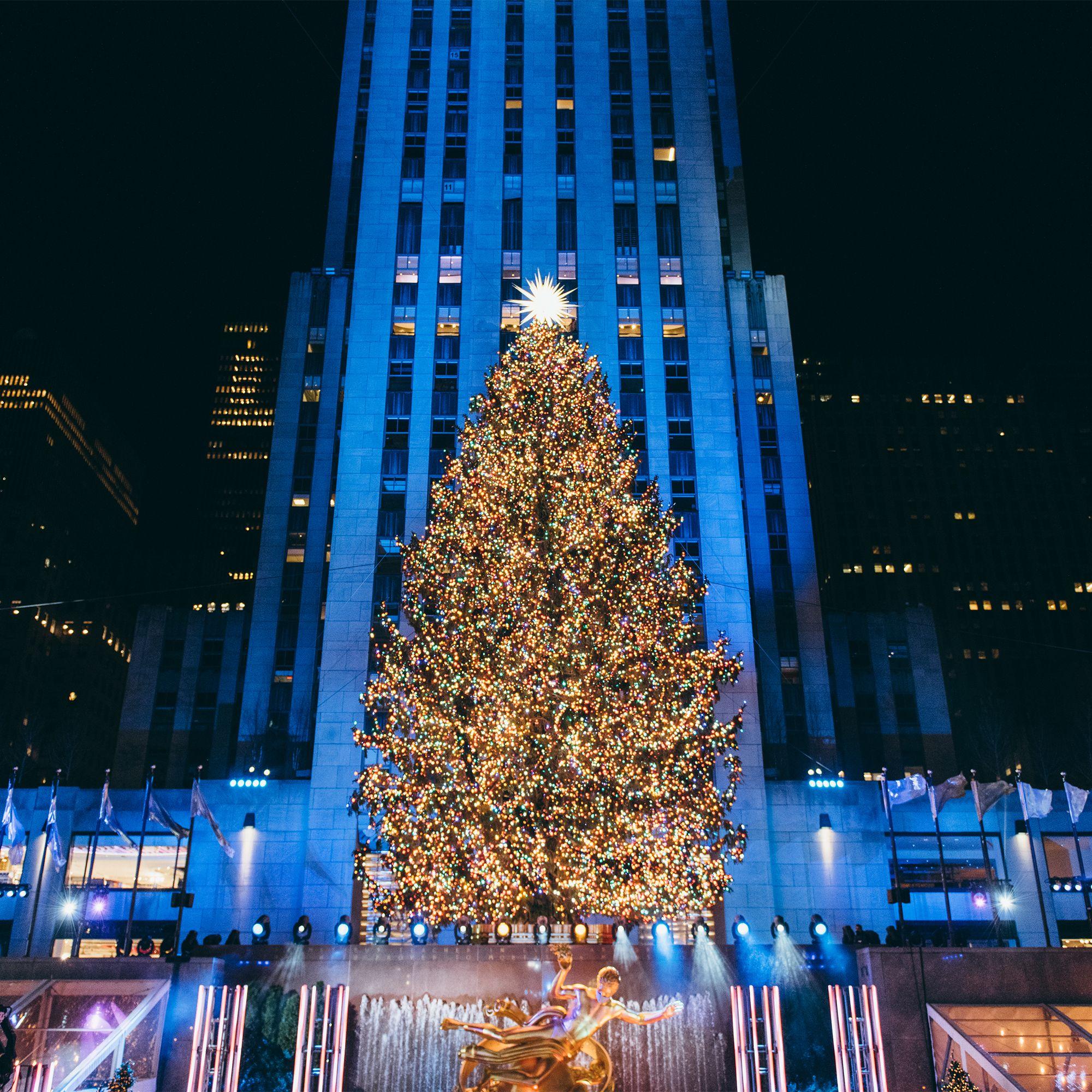 Rockefeller Center Christmas tree illuminated at night in New York City